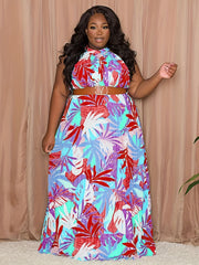  Tropical Print Halter Maxi Dress