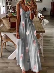  Summer Dress Women's Feather Print V Neck Maxi Dress