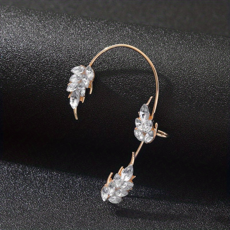 Leaf Feather Ear Hanging Light Flash Zirconium Ear Clip Earrings