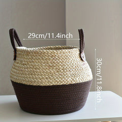 Hand-Woven Straw Basket with Handle Large Plant Storage Box