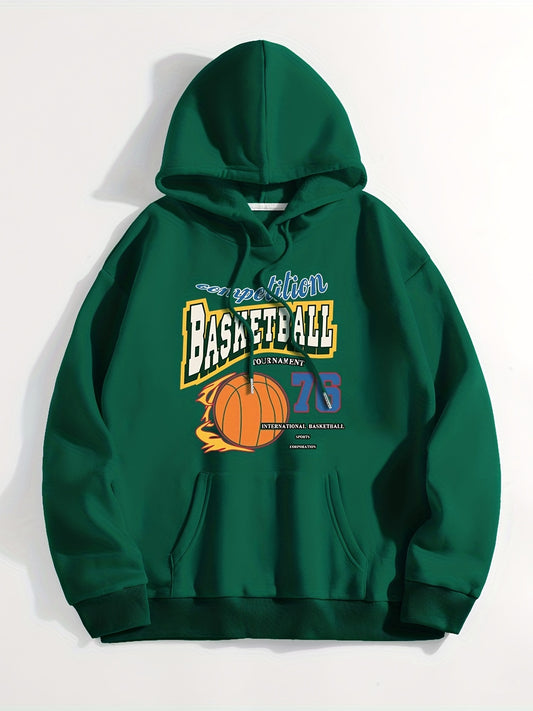 Basketball Print Kangaroo Pocket Hoodie Long Sleeve Sweatshirt