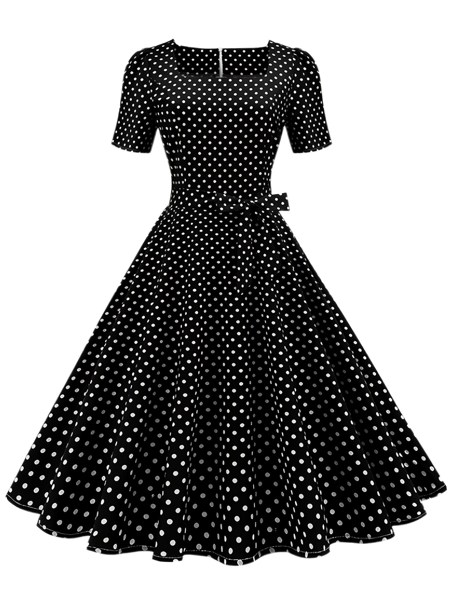 Polka Dot Bow Front Dress Vintage Square Neck Short Sleeve