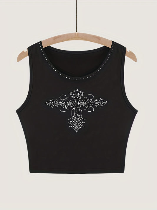 Rhinestone Graphic Print Crew Neck Tank Top