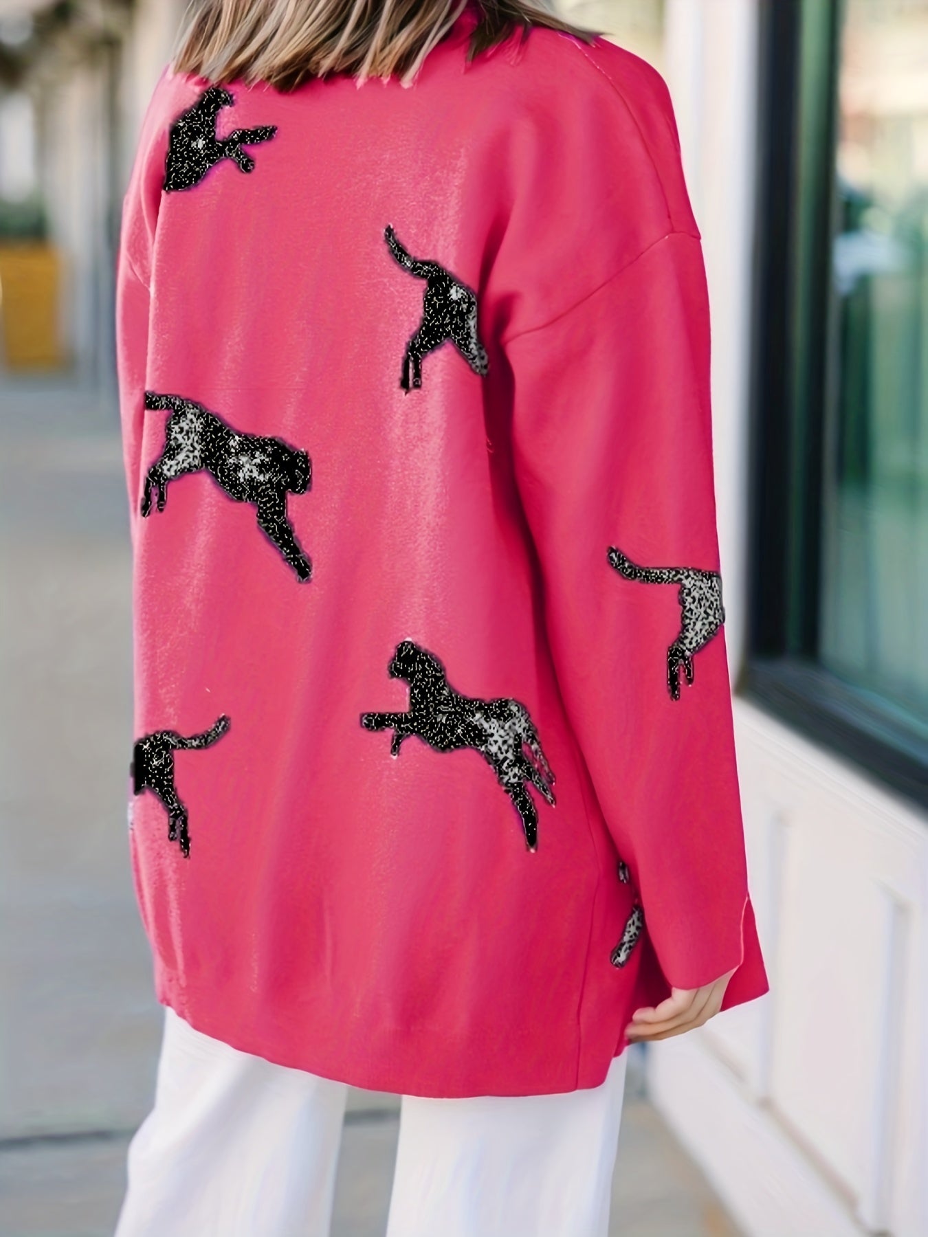  Leopard Print Open Front Knit Cardigan