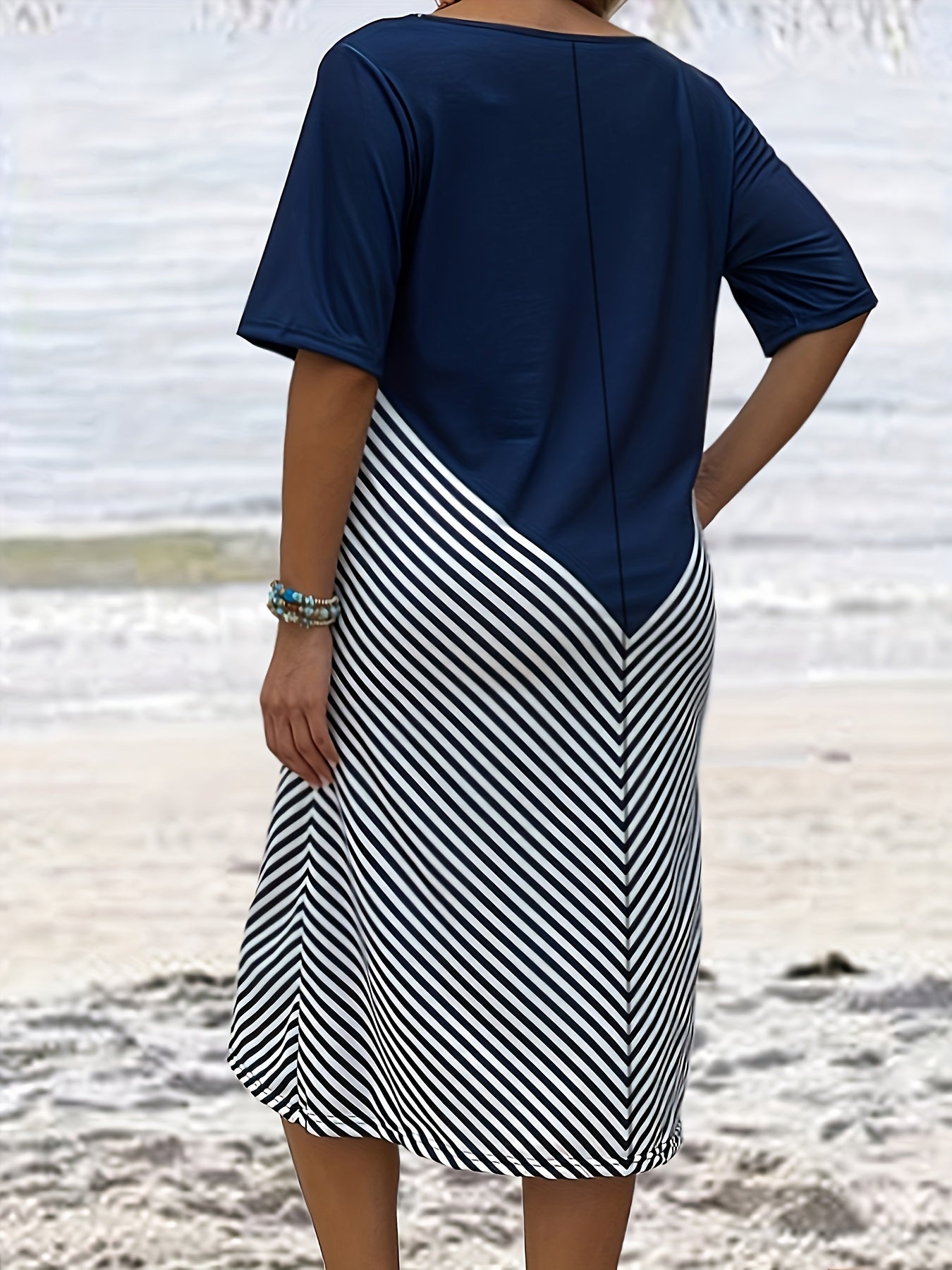  Colorblock Strip Short Sleeve Dress With Pockets