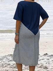  Colorblock Strip Short Sleeve Dress With Pockets