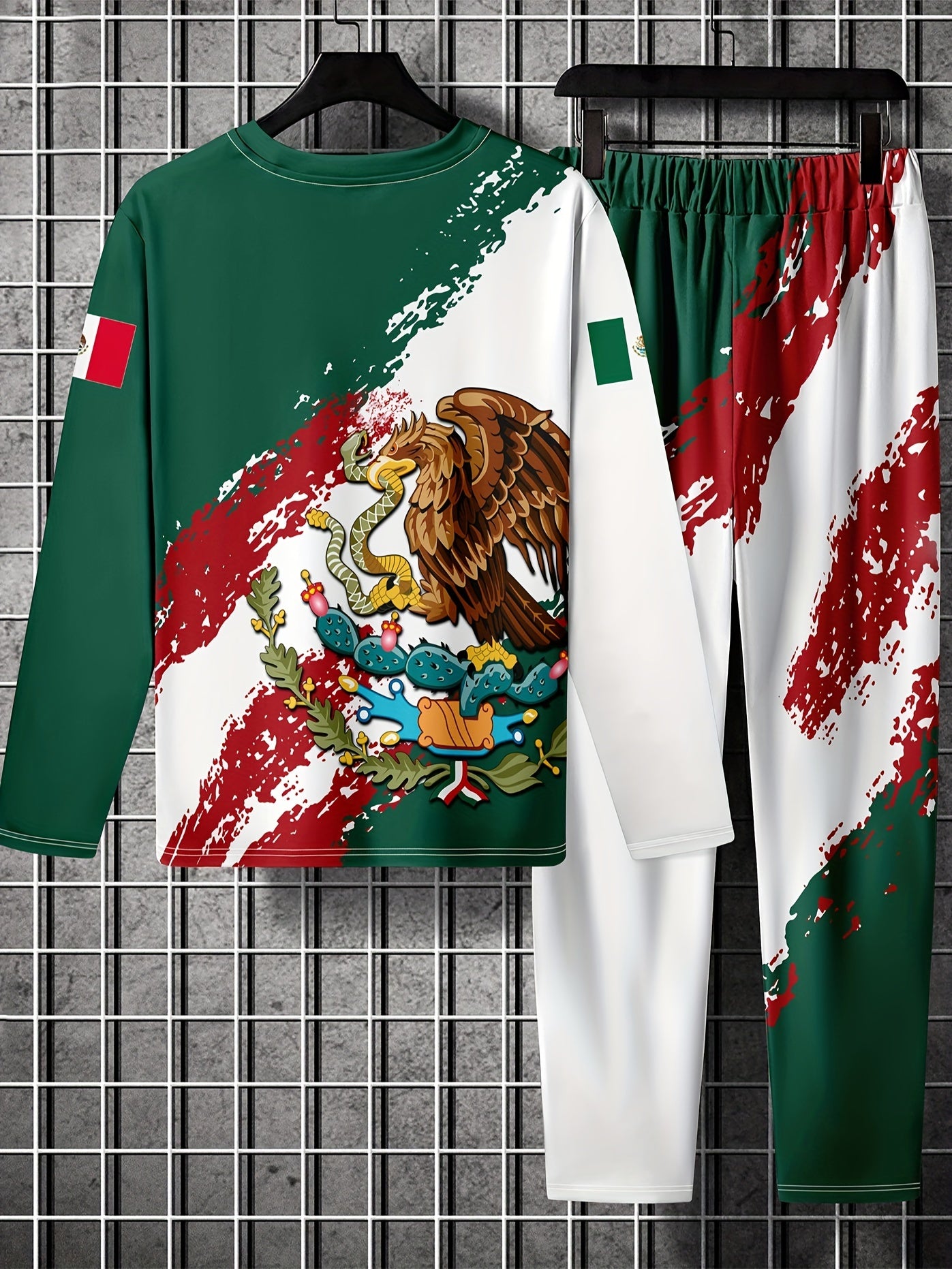 MEXICO Rooster Pattern Mens 2 Piece Outfits Long Sleeve T-shirt