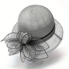French Style Organza Bucket Hat Flower Decor Stitching Thin Basin Hat