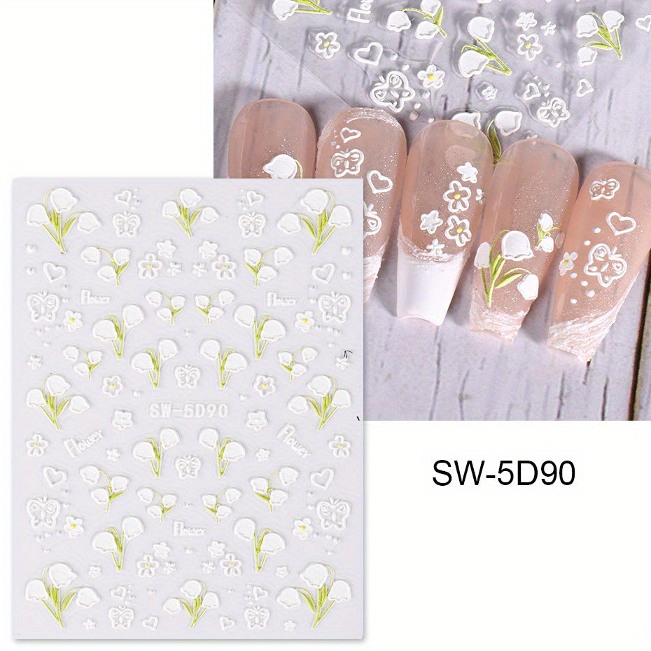 5D Flower Embossed Nail Art Sticker Campanula Butterfly Tulip Rabbit Daisy
