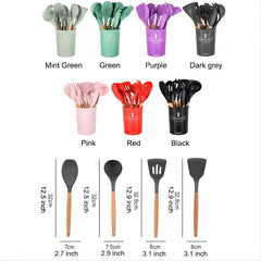 12pcs Silicone Cooking Utensil Set with Wood Handles Nonstick Kitchen Gadgets
