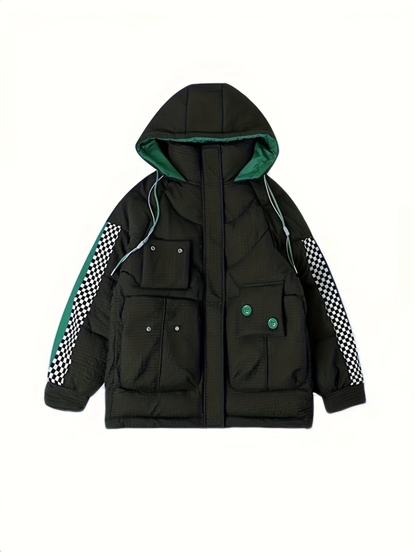 Plaid Detail Puffer Jacket Women's Winter Hooded Jacket