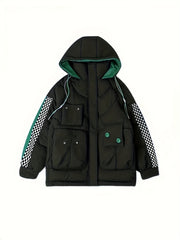 Plaid Detail Puffer Jacket Women's Winter Hooded Jacket