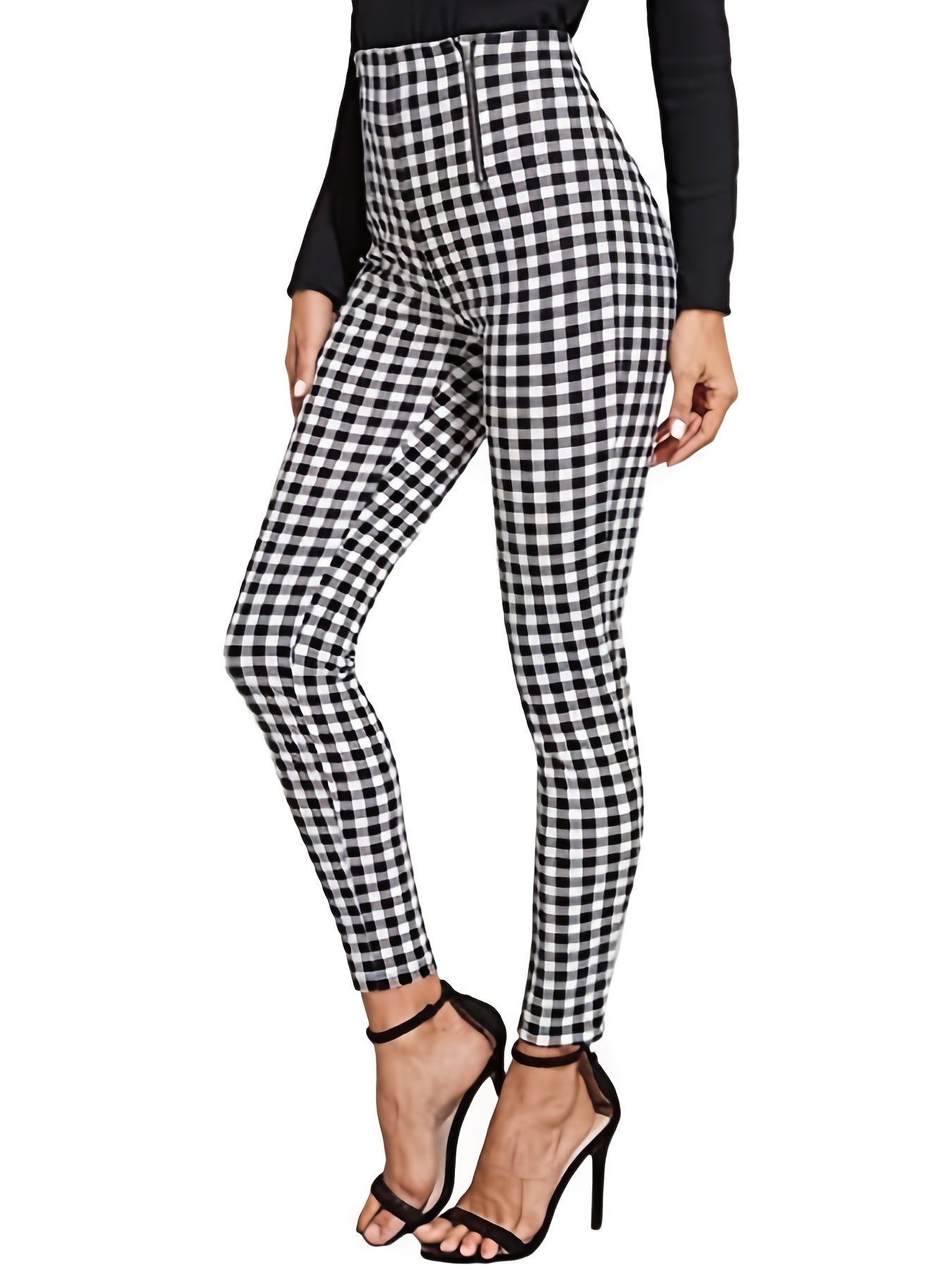 Plaid Zip Front Skinny Leggings Casual High Waist Every Stretchy Leggings