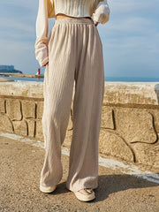  Wide Leg Trousers Solid Ribbed Elastic High Rise Casual Pants