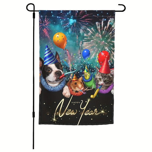 Christmas Happy Year Fireworks Party Dog Bird Cat Garden Flag