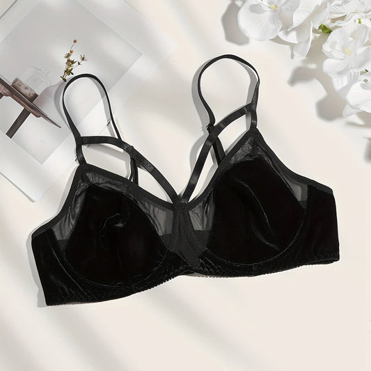  Sexy Bra Women's Plus Velvet Contrast Mesh Cut Out Underwire Solid