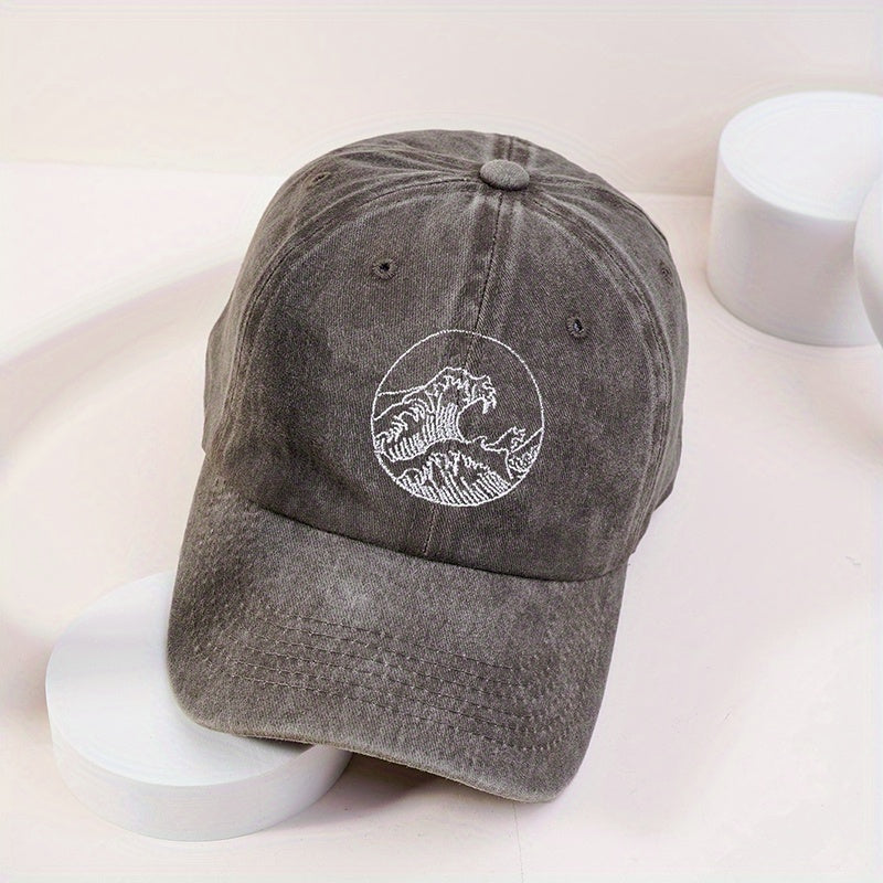 Wave Embroidery Baseball Cap Vintage Washed Distressed Dad Hat
