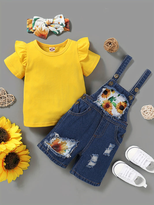 3pc Toddler Girls Ruffle Trim T Shirt Tops & Sunflower Ripped Overalls Set