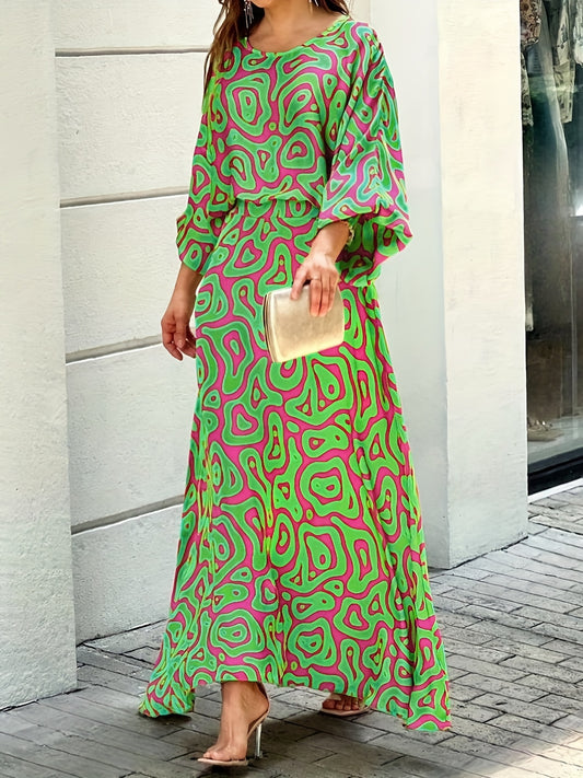 Geometric Print 2pc Skirt Set Maxi Skirt & Top Spring Fall Women's Clothing