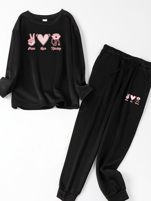  Heart Graphic Print Lounge Set Long Sleeve Top & Joggers Pajamas