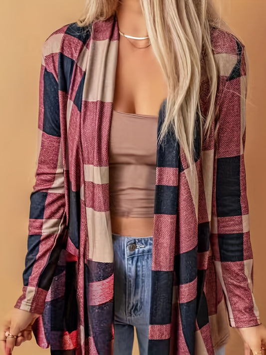  Plaid Print Long Sleeve Shawl Collar Open Front Cardigan