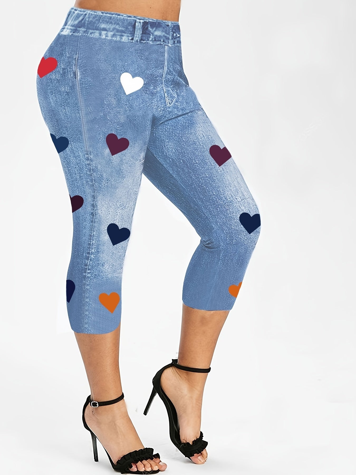 Butterfly & Denim Print Skinny Leggings High Waist Yoga Leggings