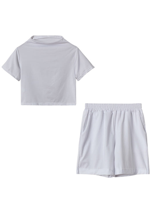 High Neck Short Sleeve T-shirt & High Waist Sport Shorts Set