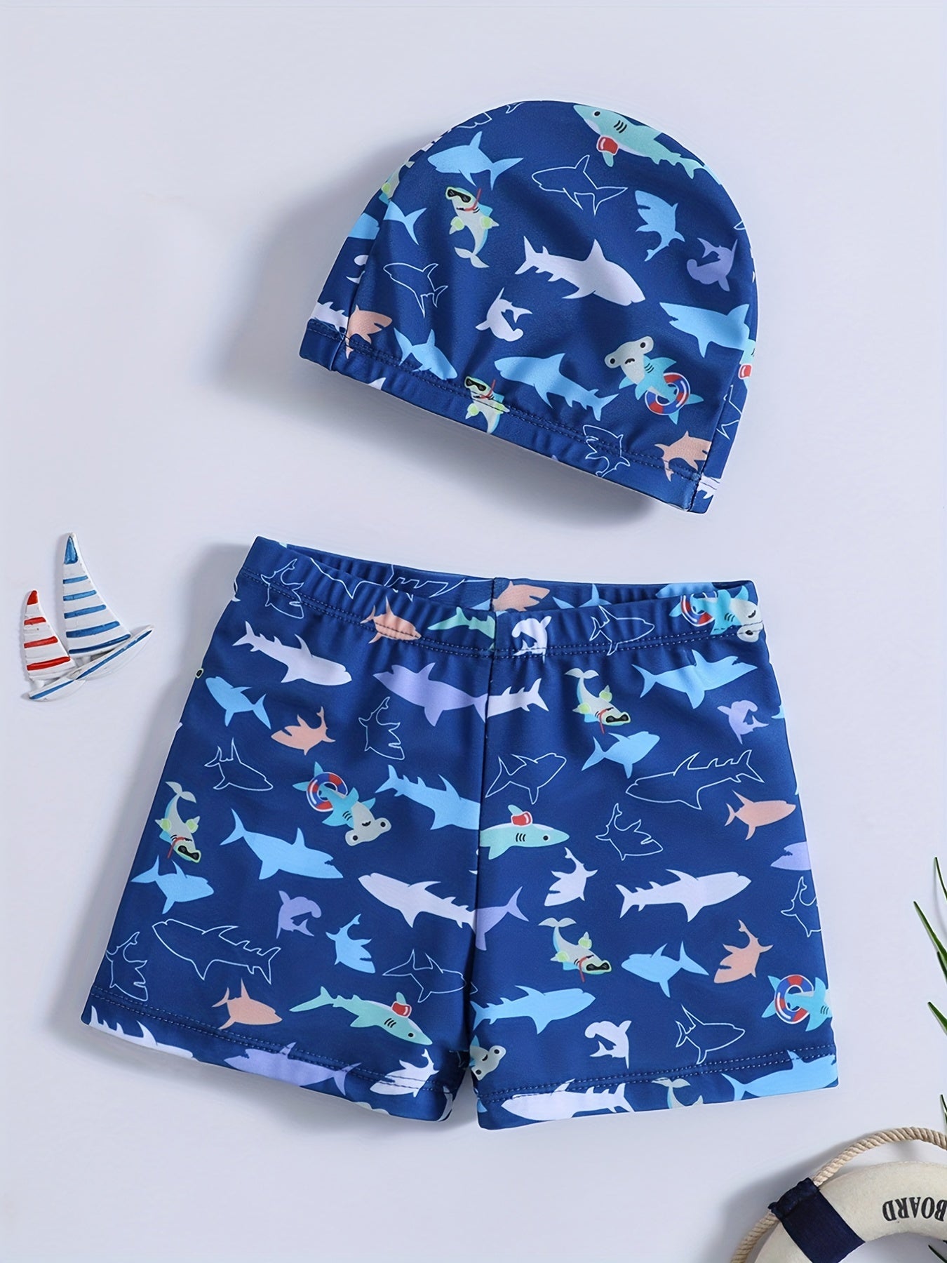 2pcs Boys Shark Print Swim Trunks & Cap Swimsuit Summer Clothes