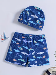 2pcs Boys Shark Print Swim Trunks & Cap Swimsuit Summer Clothes