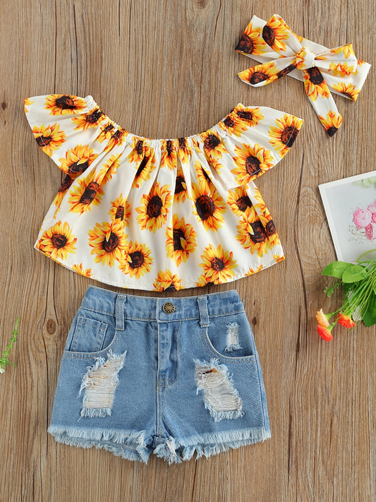 Girls Off Shoulder Sunflower Top & Denim Shorts Set for Summer