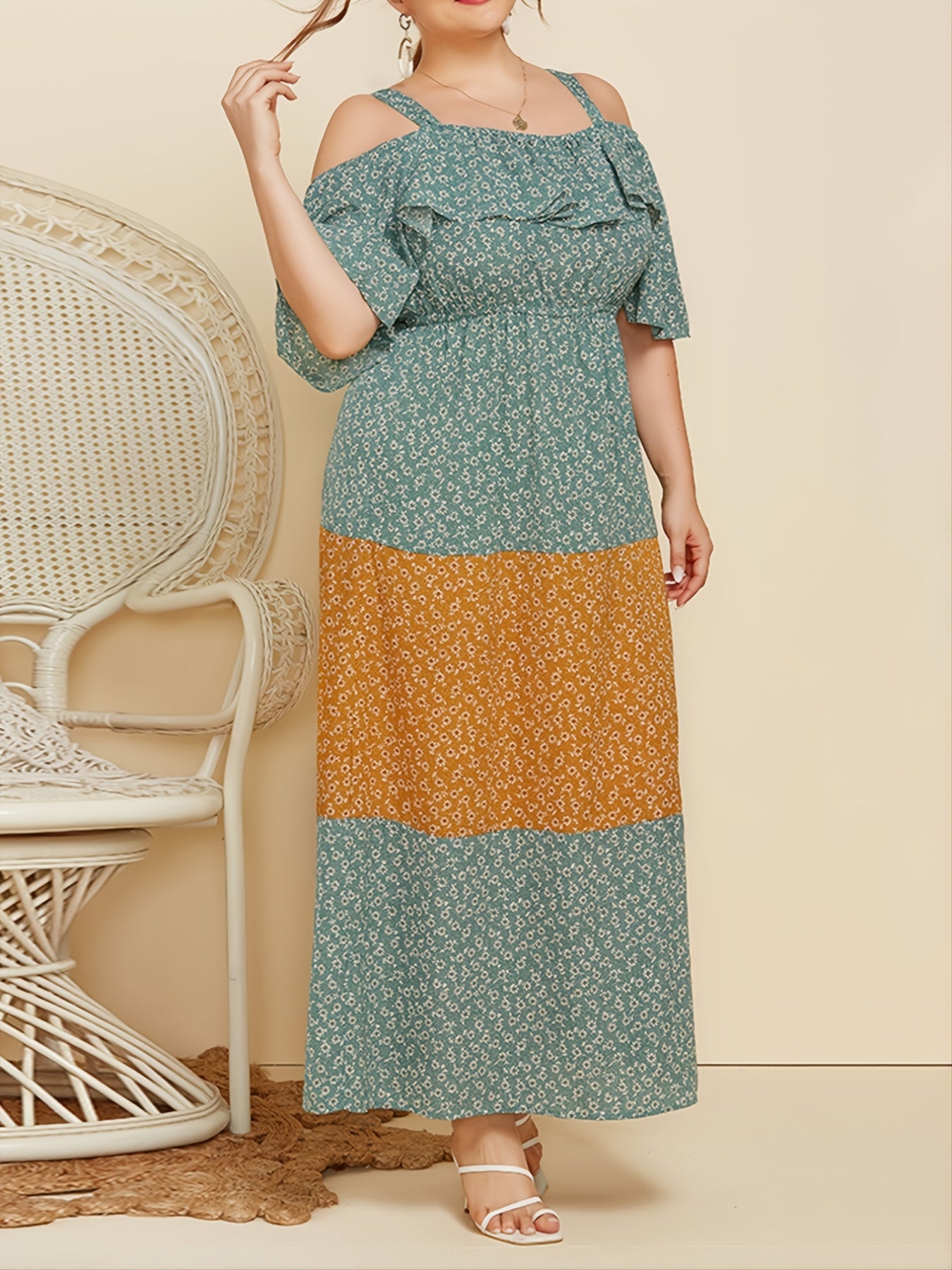 Plus Floral Cold Shoulder Maxi Dress Women's Plus Ruffle Trim Long Dr
