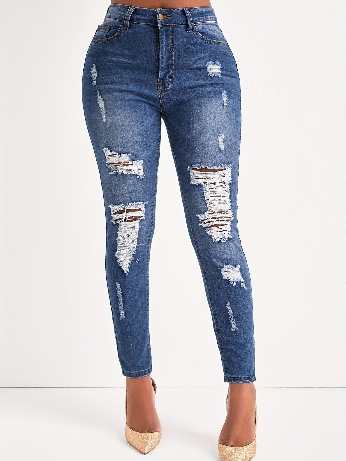 Women's Plus Ripped Skinny Jeans Button Fly Denim Pants