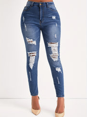 Women's Plus Ripped Skinny Jeans Button Fly Denim Pants