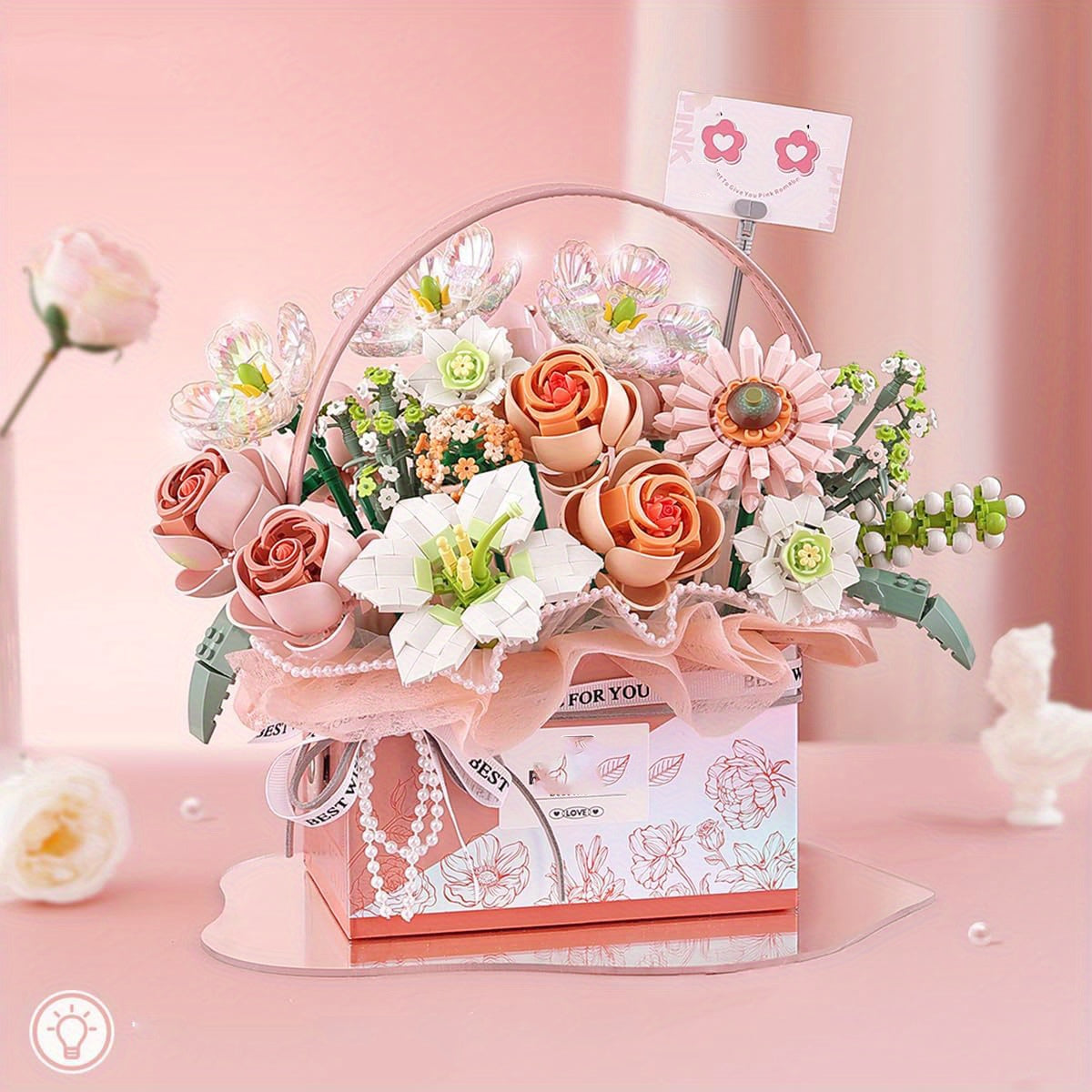 1212pcs Flower Bouquet Block Set with Light Strips DIY Decoration