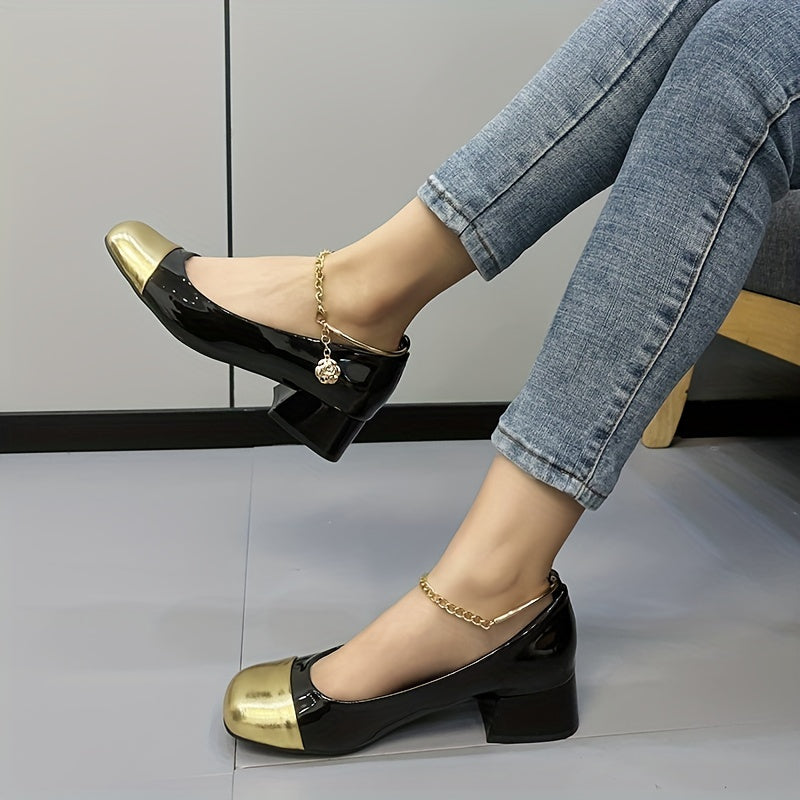 Women's Colorblock Chunky Low Heels Square Toe Chain Ankle Strap Shoes
