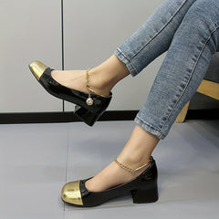 Women's Colorblock Chunky Low Heels Square Toe Chain Ankle Strap Shoes