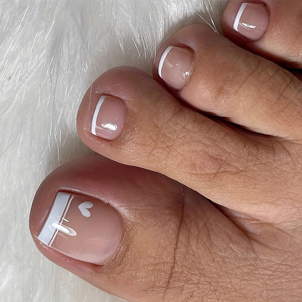 24pcs Glossy French Tip Press On Toenails with Pink Glue