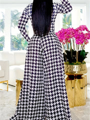 Plus Houndstooth Print Mock Neck Crop Top & Wide Leg Pants Set