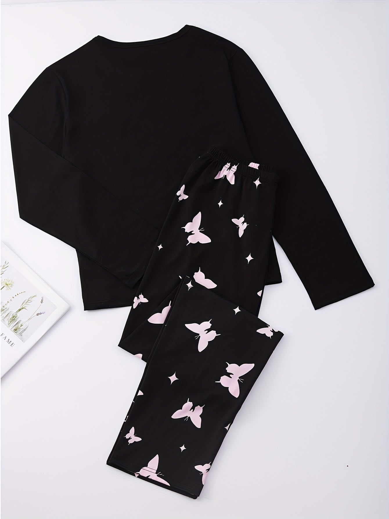 Butterfly Print Pajama Set Crew Neck Top & Pants Women's Sleepwear
