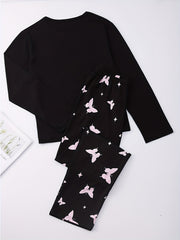 Butterfly Print Pajama Set Crew Neck Top & Pants Women's Sleepwear