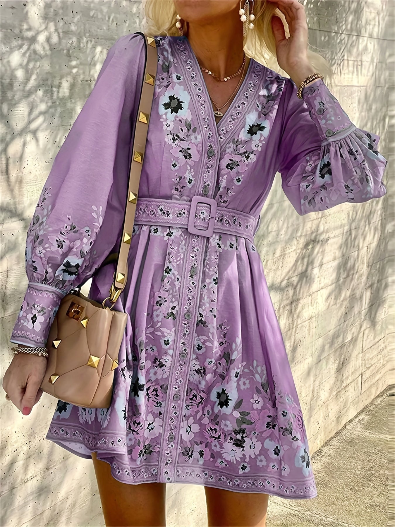  Boho Dress Women's Plus Border Floral Print Long Sleeve V Neck Dress