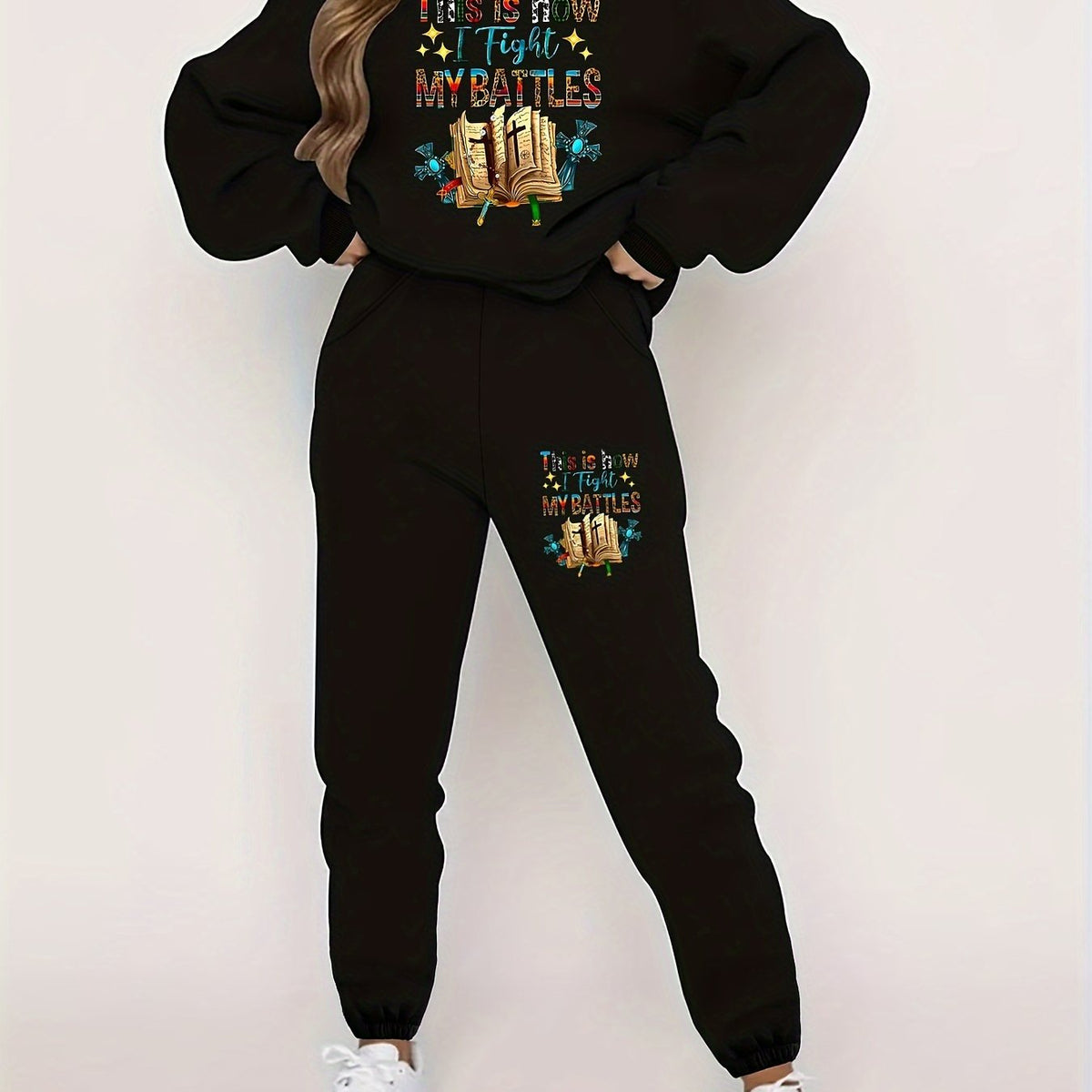  Slogan Book Print Sweatshirt & Joggers Set
