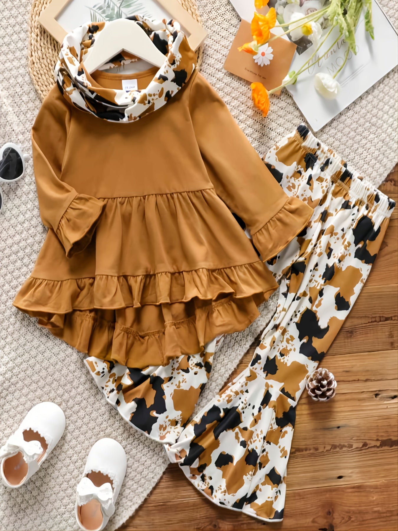 3pcs Baby Girls Ruffled Dress Top & Flared Pants & Scarf Set
