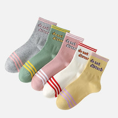 5 Pairs Letter Print Striped Socks Crew Sports Stockings Women's Hosiery