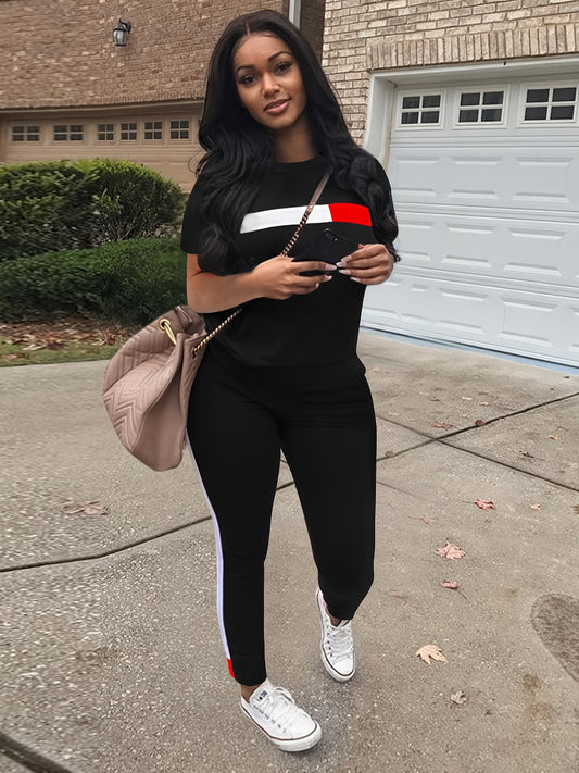 Block Two Piece Set Crew Neck Top & Drawstring Pants