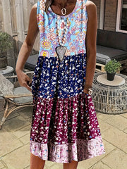 Colorblock Floral Print Midi Tank Dress