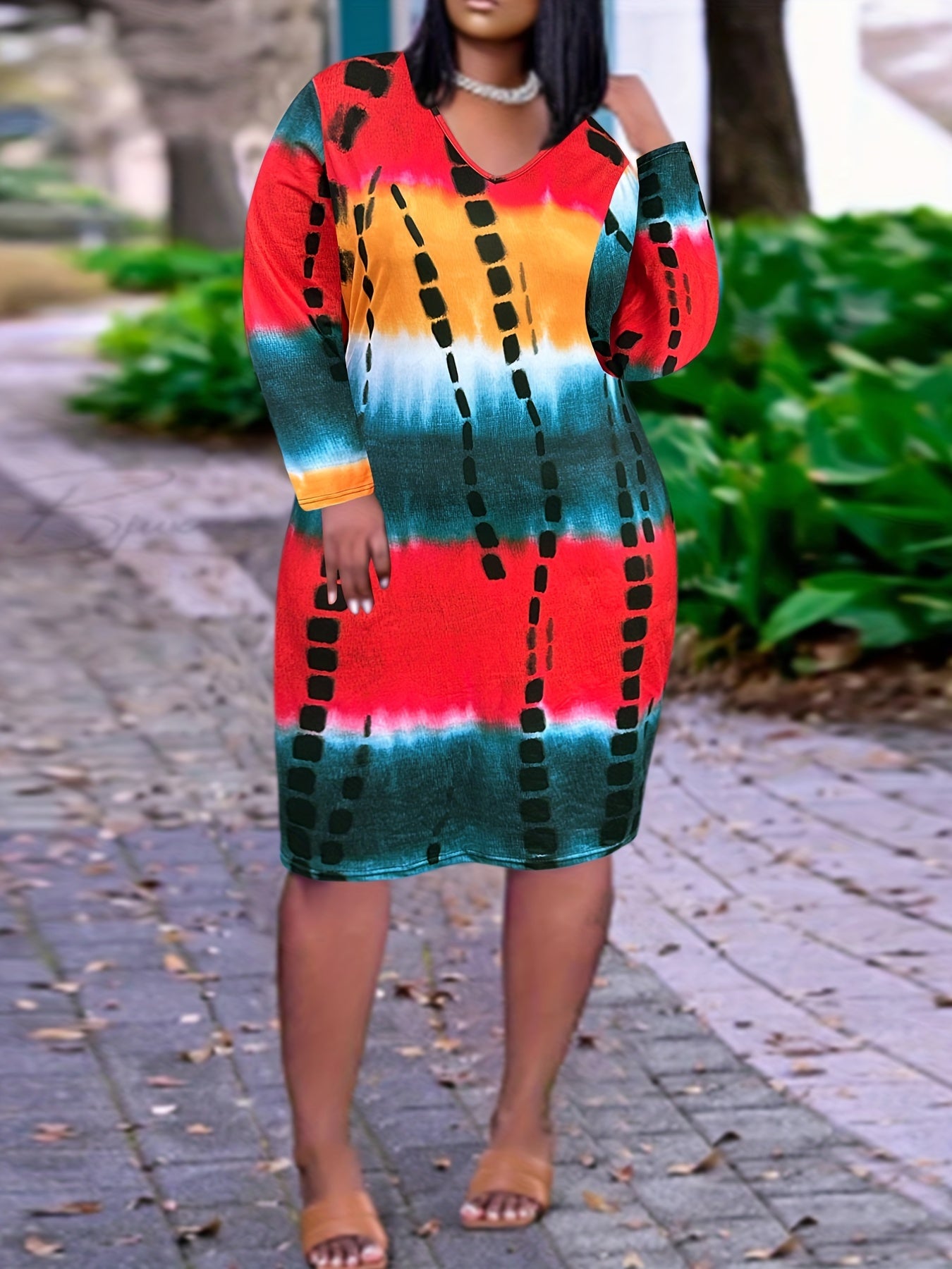 Women's Plus Ombre Print Tie Dye V Neck Slight Stretch Dress