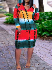 Women's Plus Ombre Print Tie Dye V Neck Slight Stretch Dress