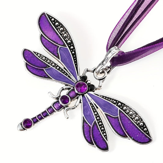 Crystal Dragonfly Ribbon Pendant Necklace For Women