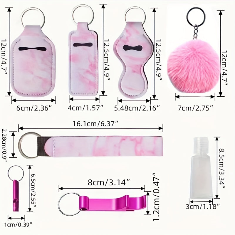 8pcs Safety Keychain Set with Door Opener Bottle Opener Plush Ball Bag Purse Key